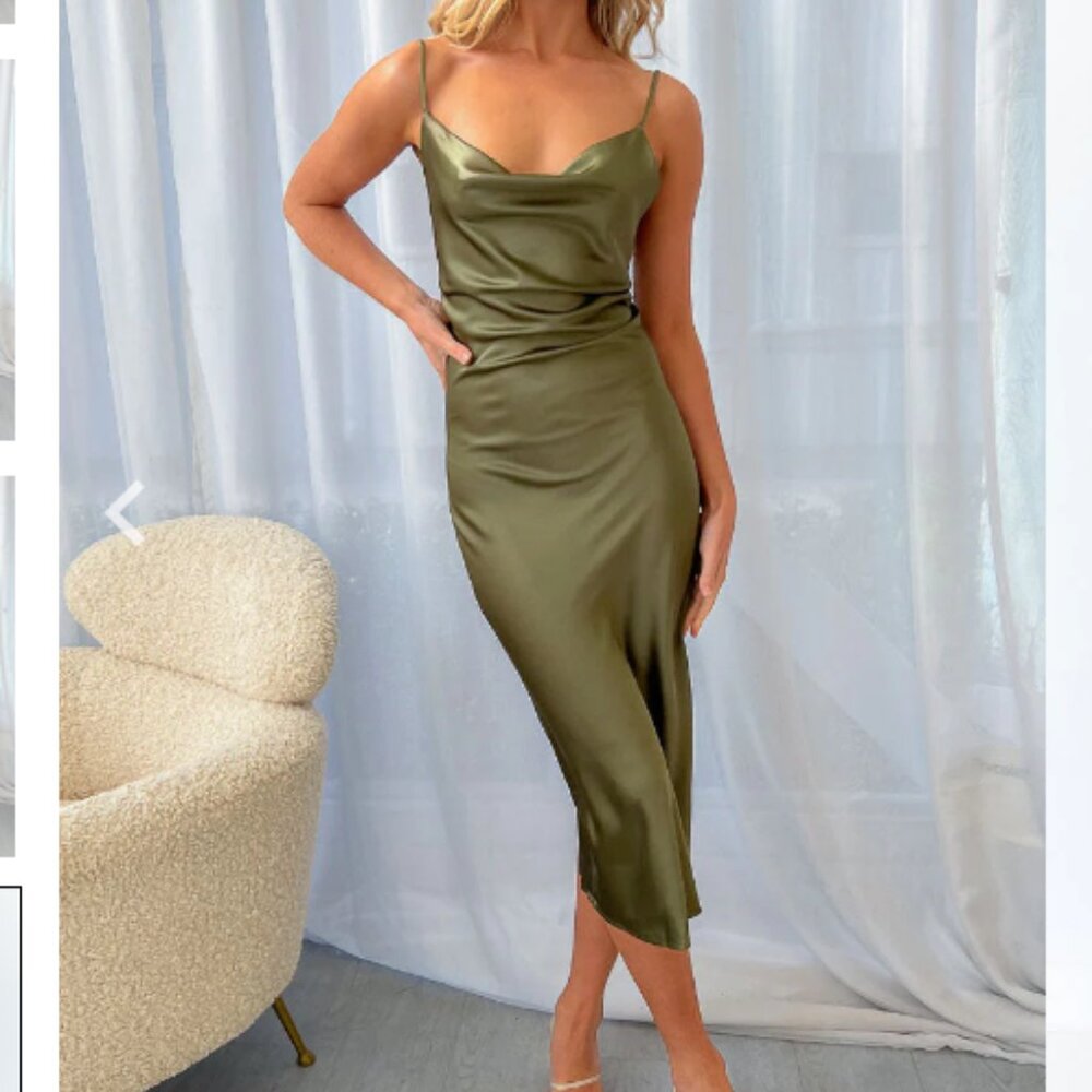 Beginning Boutique Schiffer Slip Midi Dress in Khaki, US Size 6/AUS Size 10